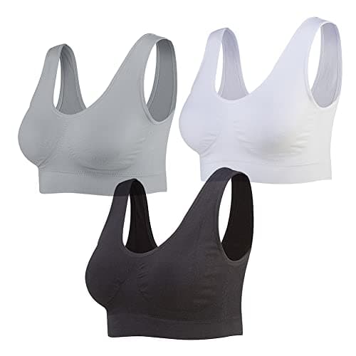 Image of Lemef 3-Pack Seamless Sports Bra Wirefree Yoga Bra with Removable Pads for Women (Large, Black&White&Grey)