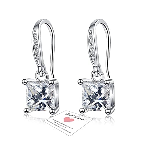 Image of Hypoallergenic Square Earrings Dangling Sterling Silver, Silver Drop Earrings for Women, Wedding Bride Dangling Dangly Earring Diamond Earring for Women