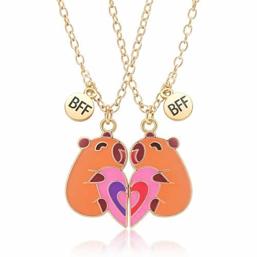Image of ZoeyShine Gold-Tone Heart-Shaped Bear Necklaces Set - Adjustable Curb Chain with BFF Engraved Charms, Cute Half-Heart Pendant Matching Friendship Jewellery Gift for Best Friend Girls Women