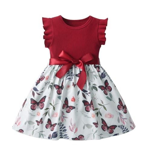 Image of Tearfuty Toddler Baby Girls Summer Dress Butterfly Print Short Sleeves Dress Red