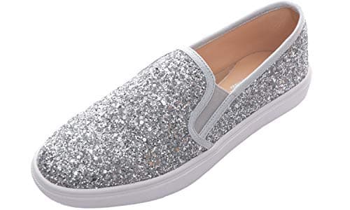 Image of Feversole Women's Fashion Slip-On Trainer Casual Flat Loafers，Skater Pumps Trainers Sneakers Shoes Pure Silver Glitter Size 6