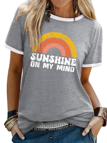 Image of Dresswel Women Sunshine On My Mind T-Shirt Vintage Rainbow Graphic Print Short Sleeve Crew Neck Tee Shirts Ladies Summer Tops