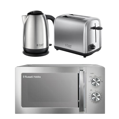 Image of Russell Hobbs Classics Brushed Stainless Steel Kitchen Set, 1.7L 3000W Kettle, 2 Slice Toaster with Variable Browning Levels & 20L 800W Microwave with 5 Power Levels, CLCSBNDL2BR