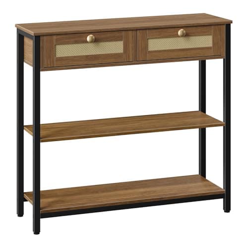Image of HOOBRO Rattan-Like Console Table, 3-Tier Hallway Table with 2 Flip-Down Drawers and Storage Shelves, 80 cm, Open and Hidden Storage Space, Woven Decoration, Walnut and Black EBH02XG01