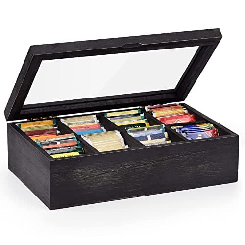 Image of Alsonerbay Tea Box Organiser, Wooden Kitchen Tea Bag Storage Box for Organizing Spice Pouches and Sugar Packets with 8 Compartments and Clear Glass Cover Weathered Black