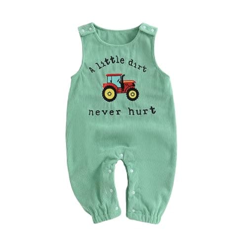 Image of Carolilly Infant Baby Dungarees Newborn Baby Boys Sleeveless Corduroy Romper Round Neck Tractor Embroidery Jumpsuit Toddler Cute Clothes (Green, 12-18 Months)