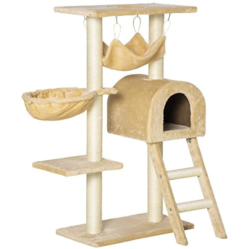 Image of PawHut Cat Tree Tower for Indoor Cats Kitten Activity Centre Scratching Post w/Hammock House Basket Ladder - Beige
