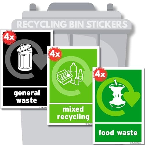 Image of Recycling Stickers for Bins 12x Pack 100mm x 150mm – Mixed Recycling & Food Waste Self-Adhesive Vinyl Stickers, Waterproof Decals, Indoor Outdoor Recycle Signs – Food Waste, Made in UK by Printkings.