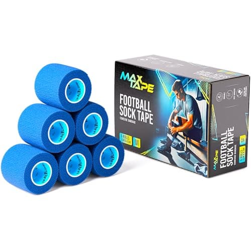 Image of Max Tape Cohesive Bandage Football Sock Tape, Shin Pad Tape 5cm x 4.5m Box of 6 (Blue)