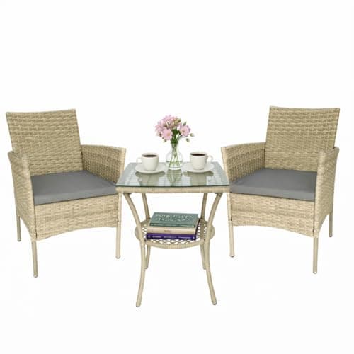Image of Homelora 3-Piece Rattan Garden Sets, Outdoor Patio Weave Companion Lounge Set with Table and 2 Chairs Conservatory Outdoor Bistro Set for Balcony, Porch, Garden, Deck, Backyard
