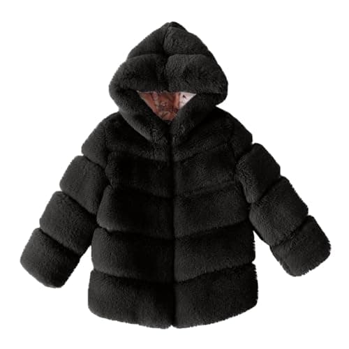 Image of AMhomely Faux Fur Jacket Kids-Fluffy Hooded Jacket Girls-Shaggy Fur Coat,Thick Furry,Warm,Long Sleeve,Solid,Windproof,Winter Coats for Children 3-14 Years Party A Black 9-10 Years