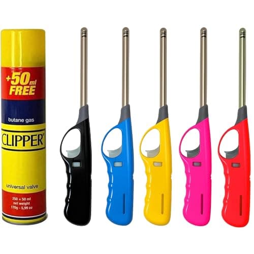 Image of OBD 5 x Candle Lighters Refillable Long Reach Adjustable Flame Safety Lock Windproof Design with Clipper 300ml Gas Refill for Kitchen BBQ Candles Camping and Outdoor Cooking (Assorted Colours)
