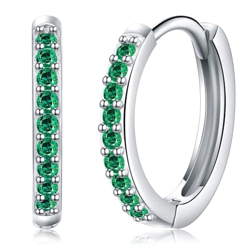 Image of HUABOLA CALYN Silver Hoops Earrings for Women Girls, Sterling Silver 925 Hoop Earrings Valentine's Day Birthday Gifts, Hypoallergenic Huggie Earrings with Green Cubic Zirconia (green)