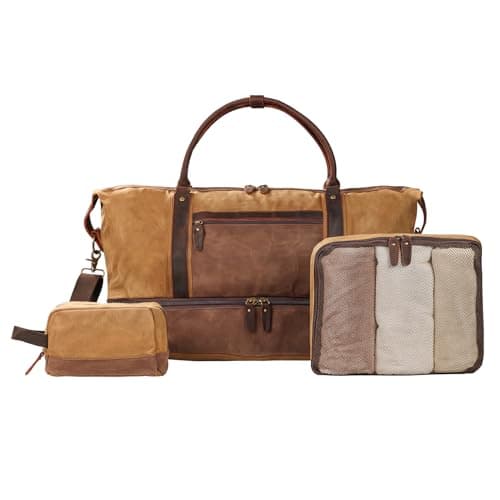 Image of BRASS TACKS Leathercraft Waxed Canvas & Leather Duffel Bag for Men, 3-Piece Oversized Weekender Set, Vintage Overnight Duffel Weekender Travel Carryon Bag with Shoes Compartment Waterproof(Khaki)