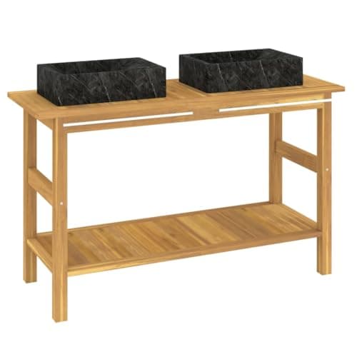 Image of vidaXL Solid Wood Teak Bathroom Vanity Cabinet with Black Marble Sinks Washroom Furniture Wash Basin Wooden Sink Cabinet with Basket