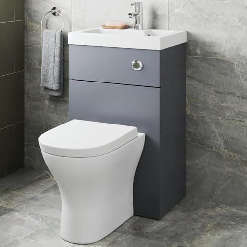 Image of Baystone® Modern Bathroom Cloakroom 2 in 1 Back to Wall BTW Toilet Wash Basin Combi Unit Space Saving Set Soft Close Seat Dual Flush Cistern, Grey Gloss