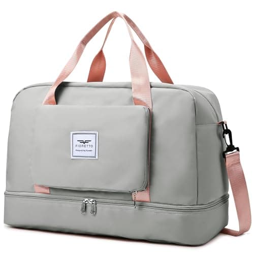 Image of FIORETTO Womens Foldable Weekend Bag Overnight Hospital Bag with Shoes Compartment & Wet Pocket, Water Resistant Gym Bag Duffle Bag Travel Bag Holdall for Women Men Grey&Pink