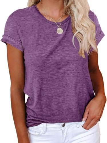 Image of Cicy Bell Women's T-Shirt Crewneck Short Sleeve Shirts Loose Casual Summer Tees Basic Cotton Tops, Purple, XL