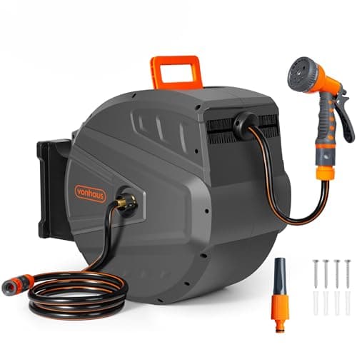 Image of VonHaus Hose Reel - Wall Mounted Hose Reel for Garden, Retractable, Auto Lock and Auto Rewind, Includes Wall Fixings and 9 Function Spray Gun, 180° Pivot Swivelling, Long Reach, Outdoor Watering (40m)