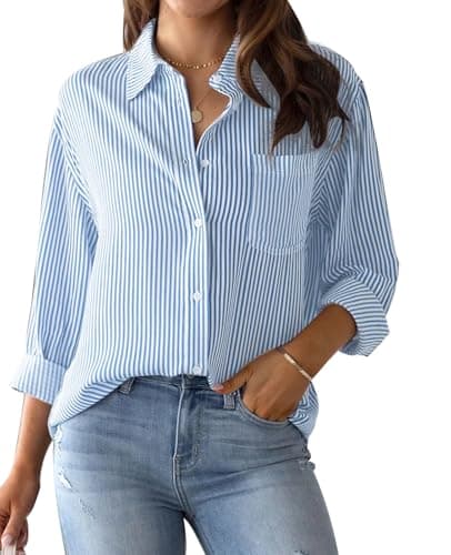 Image of MINTLIMIT Women's Striped Button Down Shirts Long Sleeve Casual Blouse Tops with Pockets for Women 2024 Light Blue