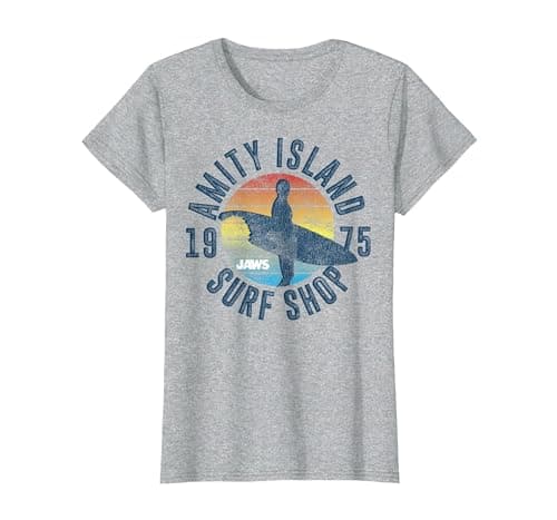 Image of Jaws Amity Island Surf Shop 1975 Retro Logo T-Shirt, Women, Heather Grey, Medium