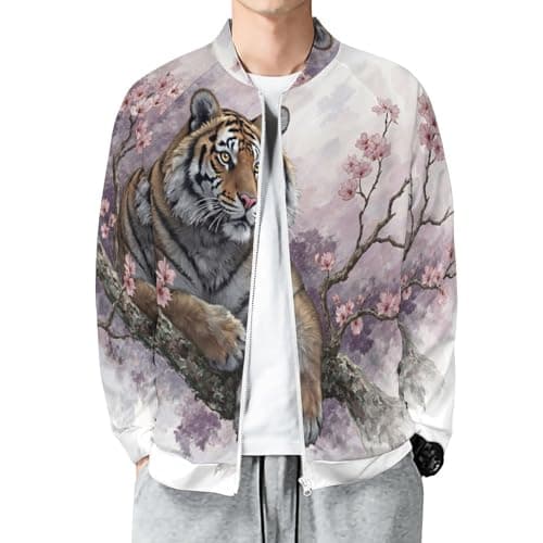 Image of MIATCENRT Mens Varsity College Jacket Baseball Bomber Jackets, Watercolor Animals Sweatshirt Outwear Tiger Cherry Blossoms Print Pink Brown Techwear Jacket with Pockets, Unisex Coat Top