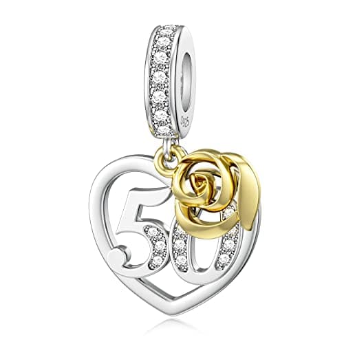 Image of Silver 50th Birthday Charms Gold Rose for Pandora 50 Charm Mother Gift