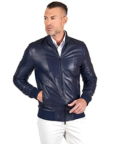 Image of D'Arienzo Mens Blue Bomber Leather Jacket Blouson Genuine Leather Made in Italy 106 44/XXS/Blue