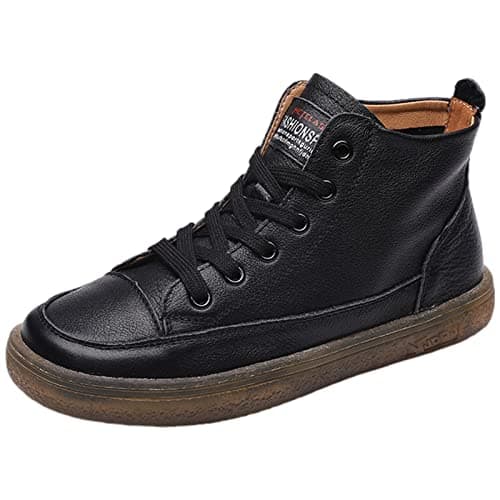 Image of ANUFER Women's Genuine Leather High-Top Lace-Up Sneakers Casual Ankle Booties Black SN02956 UK6.5
