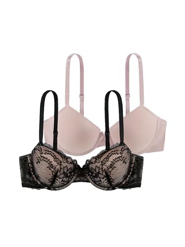 Image of DORINA Women's Chloe 2-Pack Demi Bra Set - Lightly Padded Underwired Bras with Floral Lace and Soft Micro Fabric, Adjustable Straps, Black and Blush