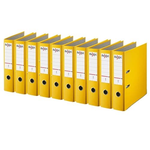 Image of Rexel A4 Lever Arch Files, Yellow Polypropylene Filing Folders, Durable PP ECO 75 mm Spine Holds Up to 500 Sheets, for A4 Document Storage and Everyday Filing, Pack of 10