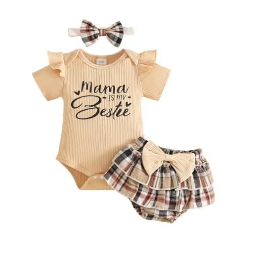 Image of Generisch Baby Girls Short Sleeve Bodysuit Letter Print Plaid Ruffle Shorts Headbands - Adorable Toddler Set, White, 9-12 Monate
