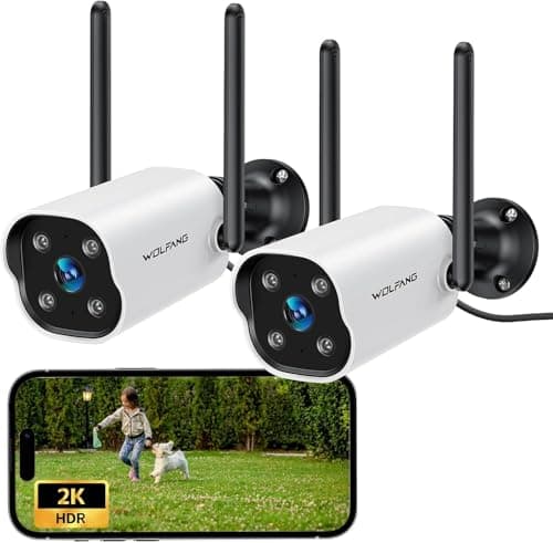 Image of WOLFANG 2K Outdoor Security Camera 2 Pack, CCTV Home Surveillance Camera, IP65 Weatherproof, AI Motion Detection, Infrared Night Vision, Siren Alarm, Two-Way Audio, 2.4GHz WiFi, Cloud & SD Storage
