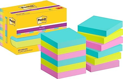 Image of Post-it Super Sticky Notes, 1080 Sheets,Value Pack of 12 Pads, 47.6 mm x 47.6 mm - Holds Strong to Many Surfaces - Bright Colours - for Walls, Monitors and Fridge, Recycable
