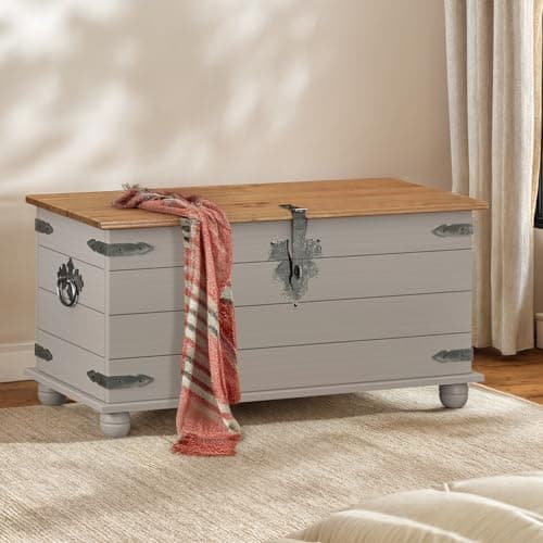 Image of Mercers Furniture Trade Corona Solid Wood Pine Grey Painted Wax Blanket Box Wooden Toy Ottoman Storage Chest Trunk Mexican Style 46cm High 92cm Wide 45cm Deep