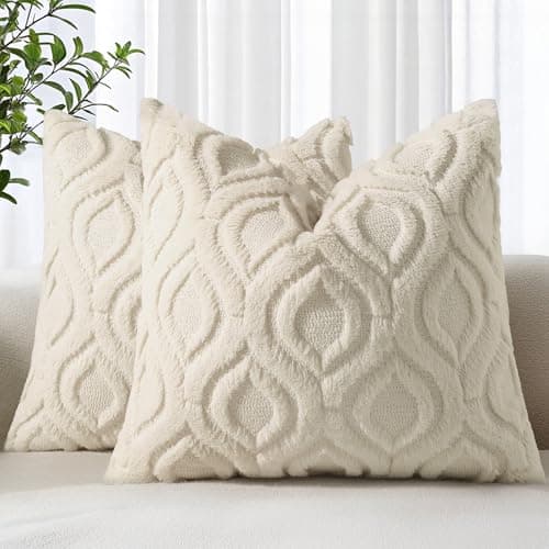 Image of decorUhome Set of 2 Faux Fur Cushion Covers 45x45 cm, Decorative Soft Plush Fluffy Velvet Cushion Cover 18X18 Inch,Square Boho Neutral Pillow case for Sofa, Beige
