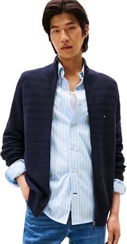 Image of Tommy Hilfiger Men’s Warm Stripe Structure Jumper with Zip, Blue (Desert Sky), L