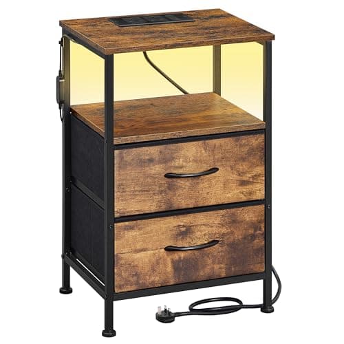 Image of SONGMICS BELLAH Collection - Bedside Table with Charging Station, Side End Table with APP-Controlled Adjustable LED Lights, 1 Open Shelf and 2 Drawers, Bedroom, Rustic Brown and Ink Black LGS302KD03
