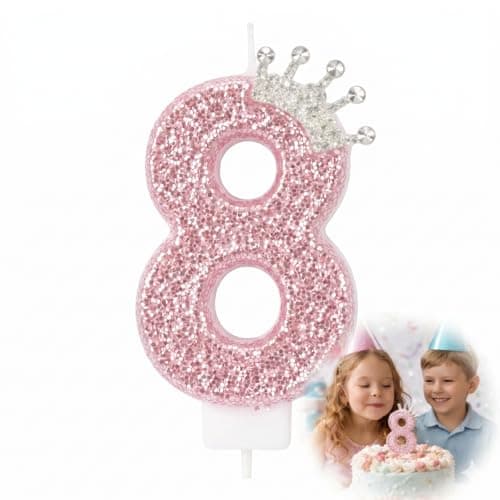 Image of Pink Crown Birthday Candle Number 8 for Cake Decoration - Premium Eco-Friendly Sparkling Glitter & Rhinestone Candle for Girls 8th Birthday Party, Anniversary, Wedding, Pet Celebration