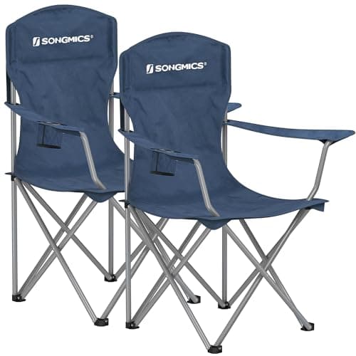 Image of SONGMICS GCB008Q02 Set of 2 Folding Outdoor Fishing Chairs, High Backrest, Armrests, Drink Holder, Foldable, Maximum Load 150 kg, Camping Garden Patio, Dusk Blue