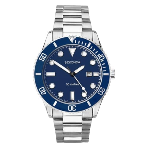 Image of Sekonda Oceans Mens 43mm Quartz Watch in Blue with Analogue Date Display, and Silver Stainless Steel Bracelet 1789