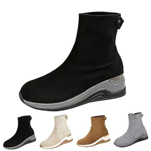 Image of Black Wedge Sneakers Boots Women Faux Suede High Top Platform Wedge Heel Ankle Boots Trainers with Side Zip Footwear Trendy UK 5 Clearance