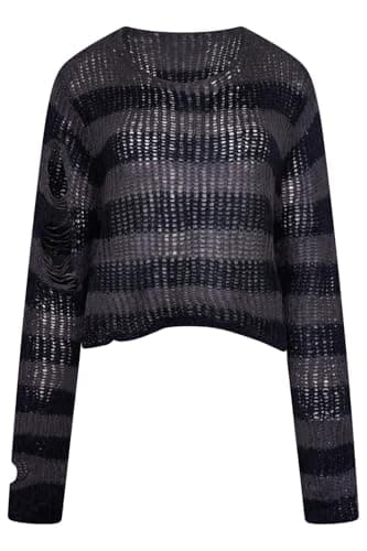 Image of Ro Rox Ryette Jumper Distressed Oversized Gothic Knit Grunge Sweater Top, Black-Grey, S-M (UK 10-14)
