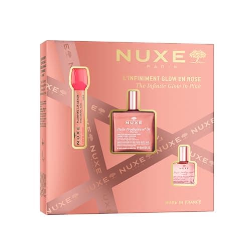 Image of Nuxe The Infinite Rose Gold Glow Gift Set (£49.17 Value) – Floral Shimmering Dry Oil 50ml, Huile Prodigieuse Florale 10ml & Plumping Lip Serum 8ml – Radiant skincare Trio for Face & Body