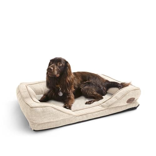 Image of Silentnight Orthopaedic Dog Bed - Cosy Comfortable Pet Bed with Ergonomic Foam Body & Head Support - Super Soft & Sturdy Woven Removable Washable Cover, Non-Slip Base, Medium 59x80cm, Natural