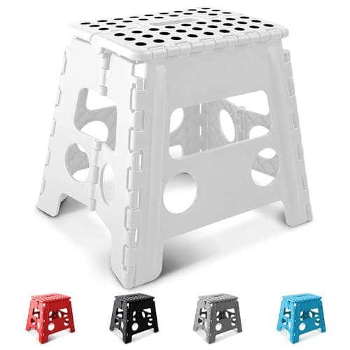 Image of KEPLIN 13 Inch Heavy Duty Folding Step Stool | Non-Slip Foldable Footstool for Toddlers, Children & Adults | Portable, Lightweight Plastic Footstep w/Carrying Handle for Indoor or Outdoor (White)