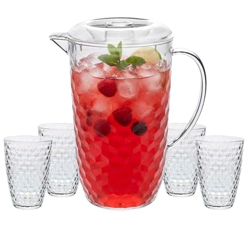 Image of UNIQUE HOME LIVING Clear Acrylic Pitcher 2 Litre Water Jug with Lid, BPA-Free, Juice Jugs with 4 Cups Set for Iced Tea, Lemonade, Cocktails, Cold Beverage Carafe for Fridge - Diamond Design