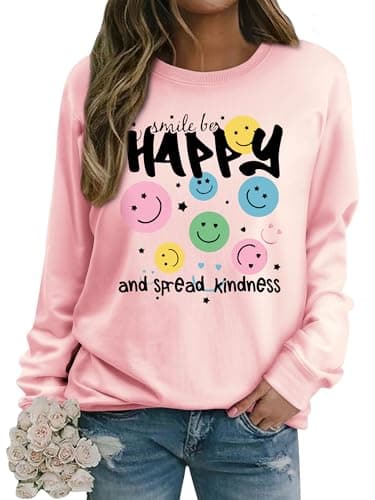 Image of Dresswel Womens Sweatshirt Vintage Funny Smile Face Graphic Print Crewneck Long Sleeve Tops Ladies Pullover Basic Cotton Jumpers Blouse (Grey, M)