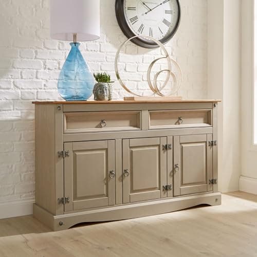Image of Home Source Large Sideboard Cabinet, 3 Door 2 Drawer Solid Pine Two Tone Storage Cupboard, Industrial Style, Grey