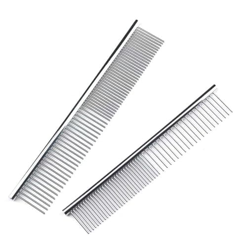Image of Pets Grooming Combs, 2 PCS Stainless Steel Pet Combs, Metal Pet Comb with Rounded Teeth, Fur Detangling Tool for Pets, Pets Grooming Comb for Dogs Cats with Tangled Short/Long Hair - Silver
